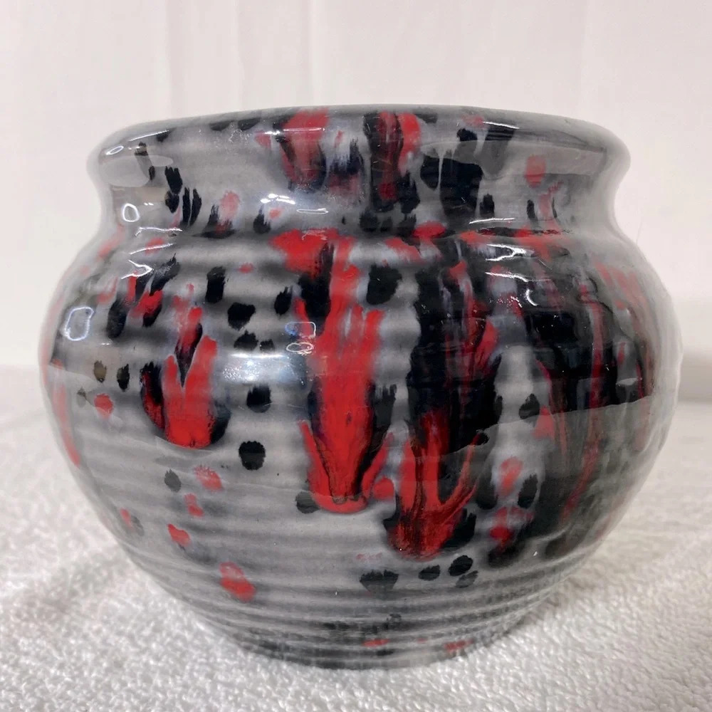 Vintage 1978 MCM Ceramic Pottery Grey Black Red Glaze Planter Vase Boho Chic